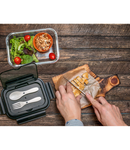 Szklany lunch box ze sztućcami Lagos 1000 ml, czarny