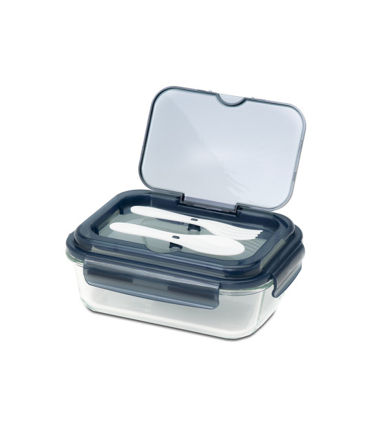 Szklany lunch box ze sztućcami Lagos 1000 ml, czarny